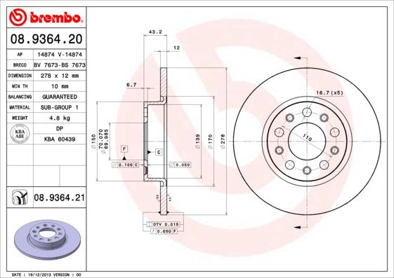 Brembo 08.9364.21 - Тормозной диск onlydrive.pro