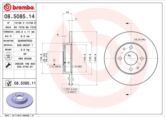 Brembo 08.5085.11 - Stabdžių diskas onlydrive.pro