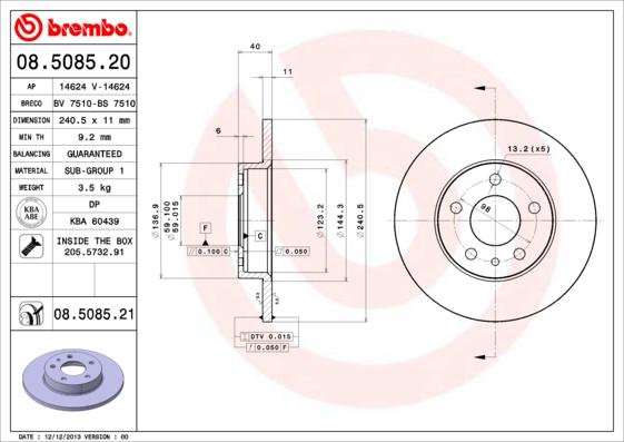 Brembo 08.5085.21 - Bremžu diski onlydrive.pro