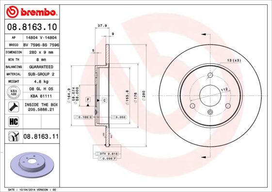 Brembo 08.8163.11 - Jarrulevy onlydrive.pro