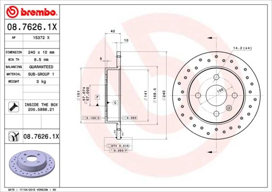 Brembo 08.7626.1X - Тормозной диск onlydrive.pro