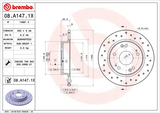 Brembo 08.A147.1X - Bremžu diski onlydrive.pro