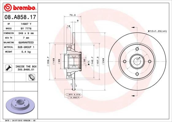 Brembo 08.A858.17 - Stabdžių diskas onlydrive.pro