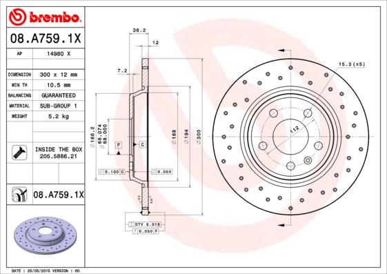 Brembo 08.A759.1X - Bremžu diski onlydrive.pro