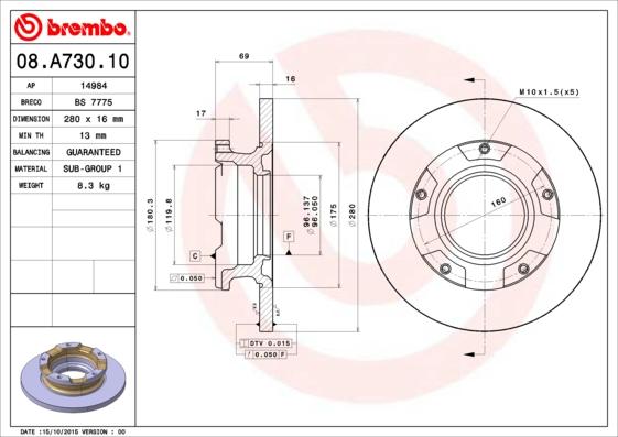 Brembo 08.A730.10 - Stabdžių diskas onlydrive.pro