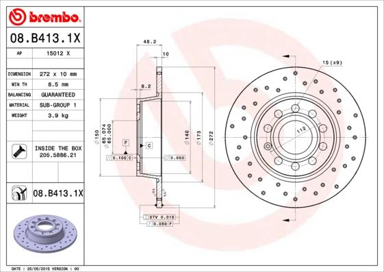 Brembo 08.B413.1X - Bremžu diski onlydrive.pro