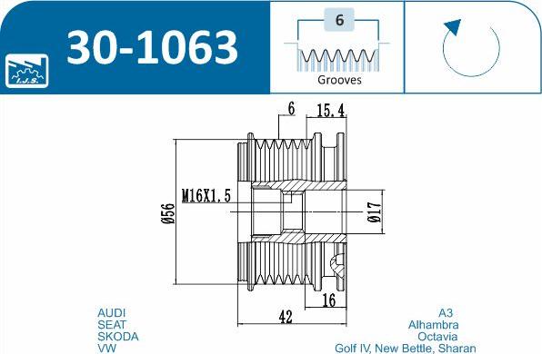 IJS GROUP 30-1063 - Pulley, alternator, freewheel clutch onlydrive.pro