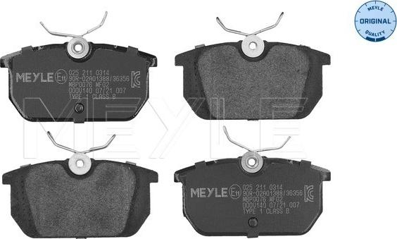 Meyle 025 211 0314 - Brake Pad Set, disc brake onlydrive.pro