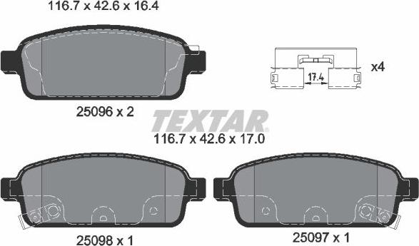 Textar 2509602 - Stabdžių trinkelių rinkinys, diskinis stabdys onlydrive.pro