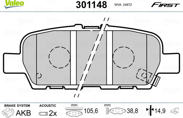 Valeo 301148 - Stabdžių trinkelių rinkinys, diskinis stabdys onlydrive.pro