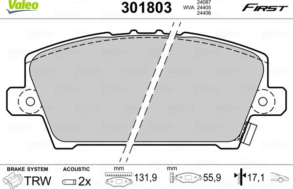 Valeo 301803 - Stabdžių trinkelių rinkinys, diskinis stabdys onlydrive.pro