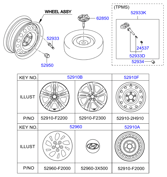 Hyundai 52933-F2000 - Wheel & cap: 4 pcs. onlydrive.pro