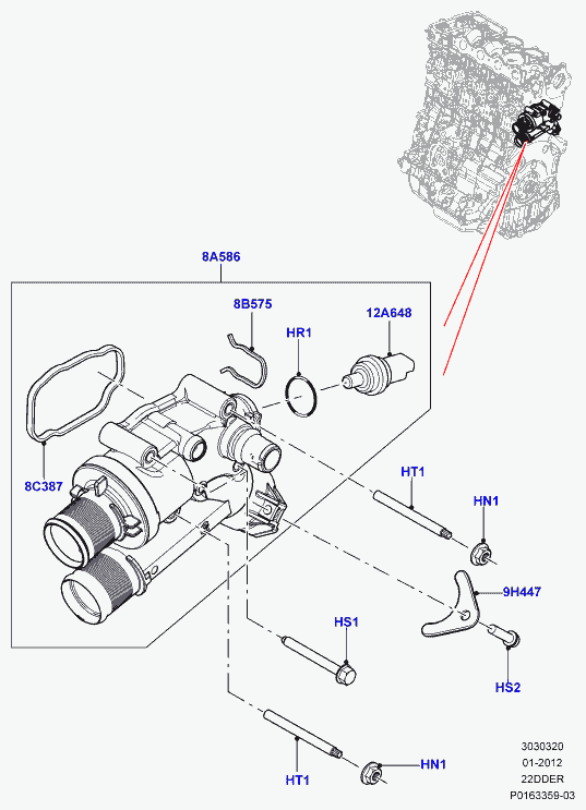 Land Rover LR006857 - Thermostat/housing & related parts, 2.2 single turbo diesel, l55: 1 pcs. onlydrive.pro